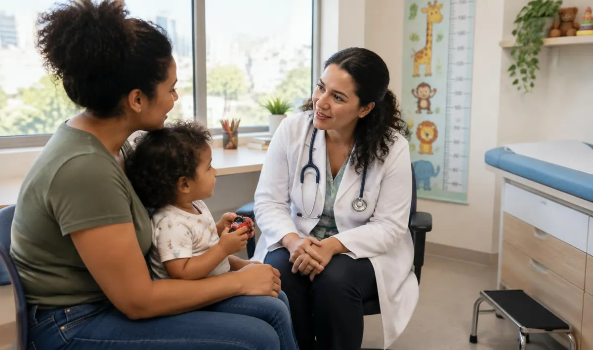 Pediatra conversa com mãe e criança em consultório infantil