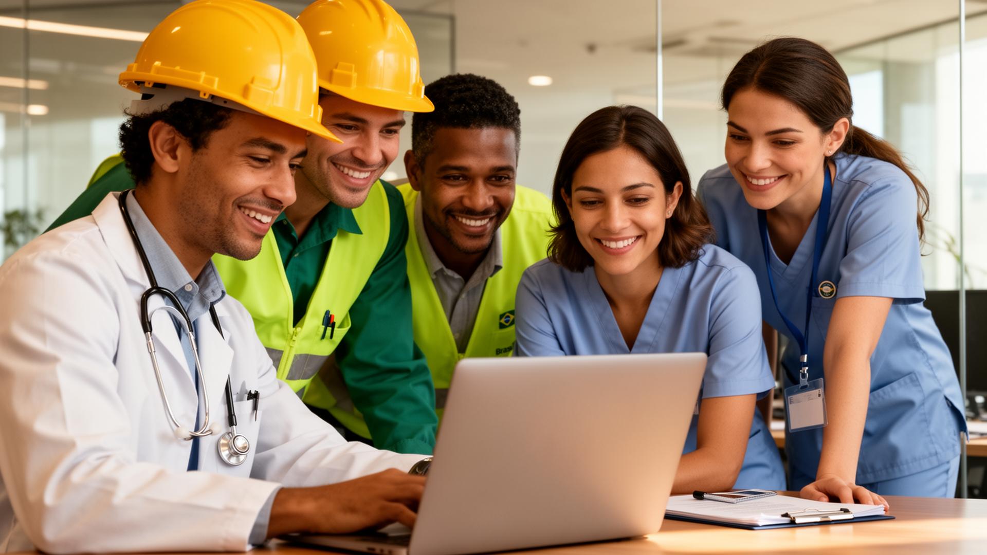 Equipe MeuSST: médico do trabalho, engenheira de segurança e enfermeira ocupacional